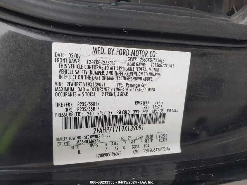 2009 Ford Crown Victoria Police/Police Interceptor VIN: 2FAHP71V19X139091 Lot: 39233353