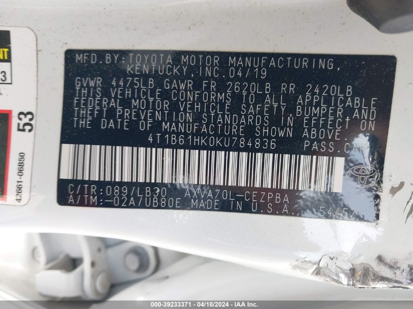 2019 Toyota Camry Xse VIN: 4T1B61HK0KU784836 Lot: 39233371