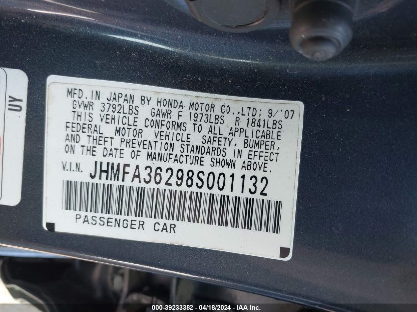 2008 Honda Civic Hybrid VIN: JHMFA36298S001132 Lot: 39233382