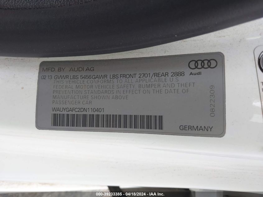 2013 Audi A7 3.0T Premium VIN: WAUYGAFC2DN110401 Lot: 39233385