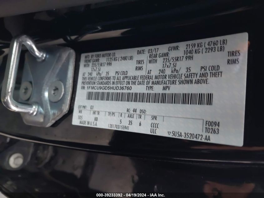 2017 Ford Escape Se VIN: 1FMCU9GD5HUD36760 Lot: 39233392