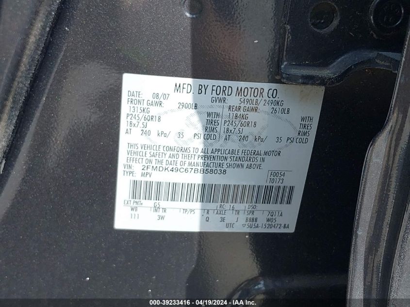 2007 Ford Edge Sel Plus VIN: 2FMDK49C67BB58038 Lot: 39233416