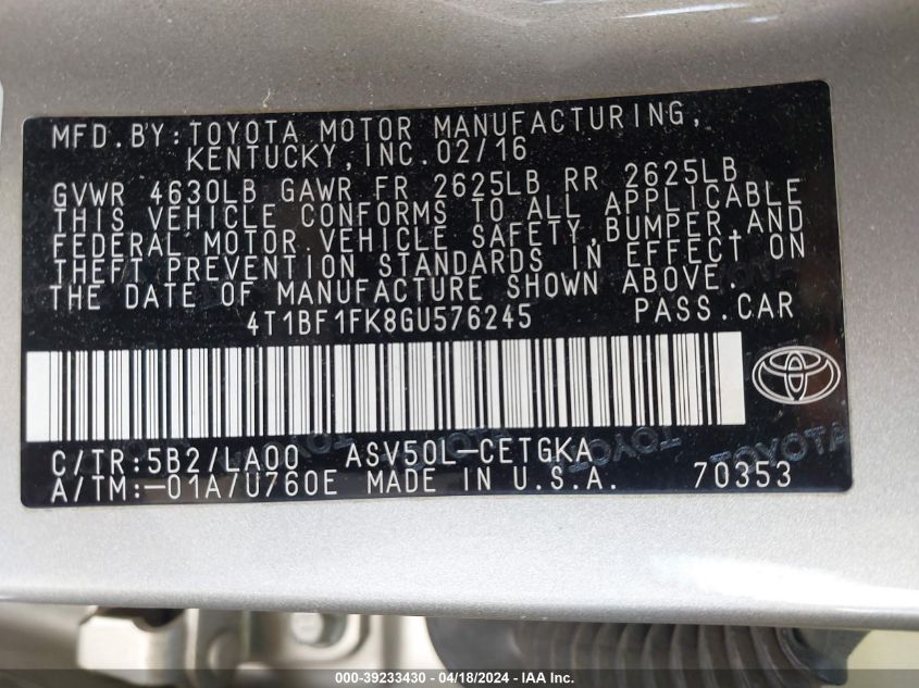 2016 Toyota Camry Xle VIN: 4T1BF1FK8GU576245 Lot: 39233430