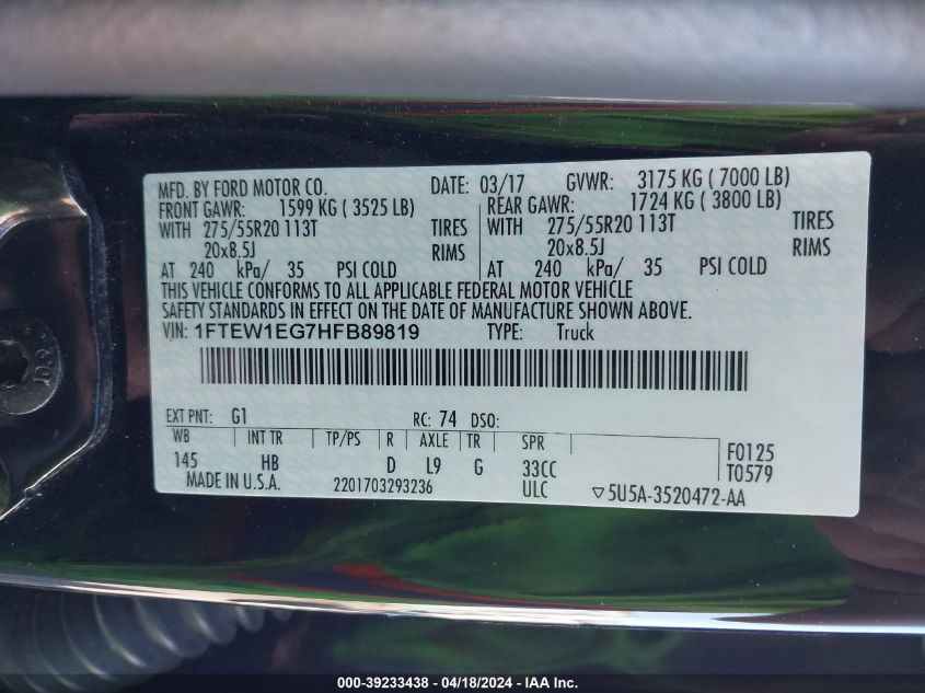 2017 Ford F-150 Lariat VIN: 1FTEW1EG7HFB89819 Lot: 39233438