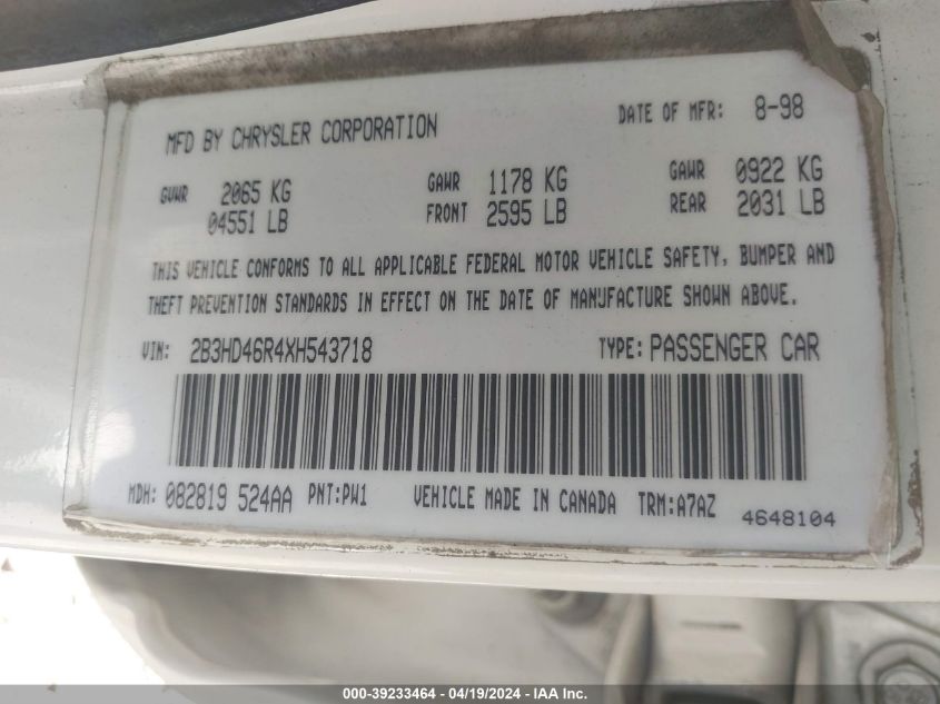 1999 Dodge Intrepid VIN: 2B3HD46R4XH543718 Lot: 39233464