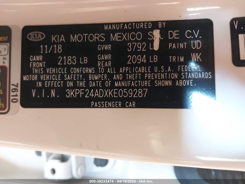 3KPF24ADXKE059287 2019 Kia Forte Lxs