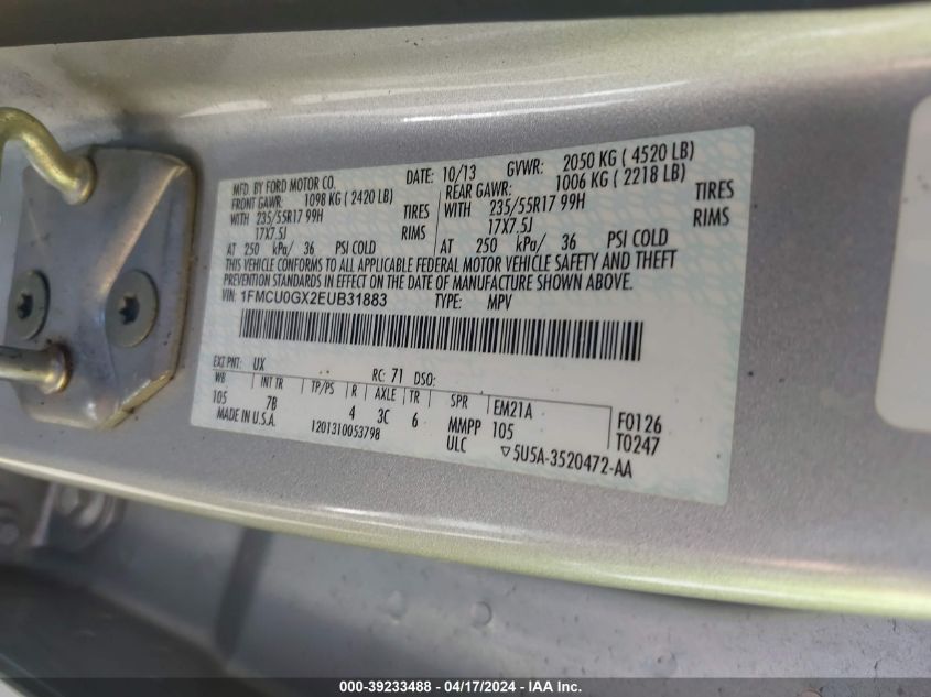 2014 Ford Escape Se VIN: 1FMCU0GX2EUB31883 Lot: 11974177