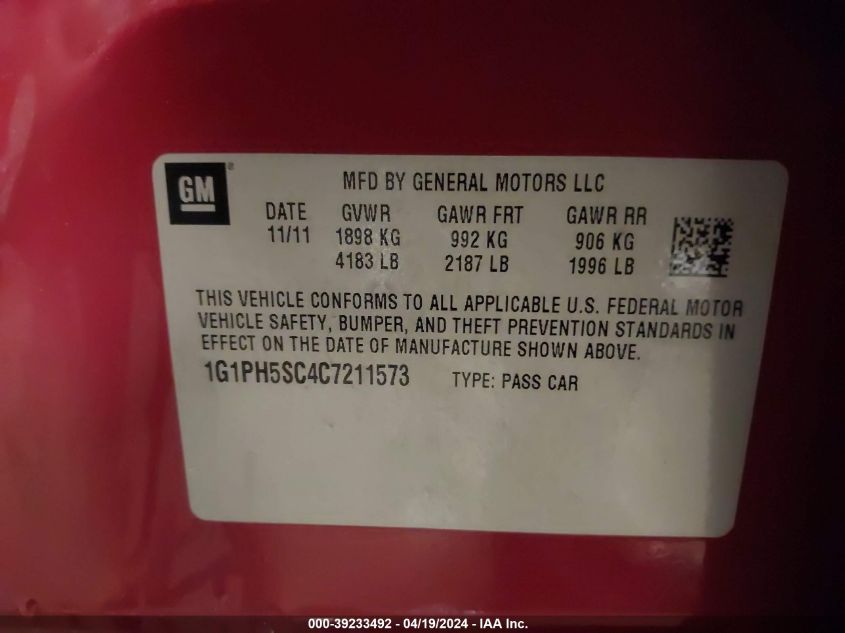 2012 Chevrolet Cruze Ltz VIN: 1G1PH5SC4C7211573 Lot: 39233492