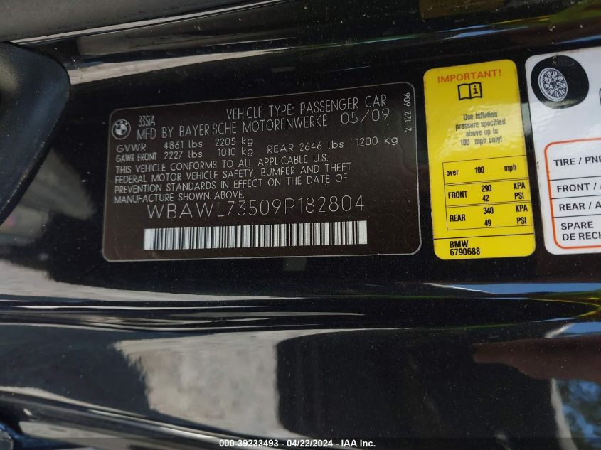 2009 BMW 335I VIN: WBAWL73509P182804 Lot: 39233493