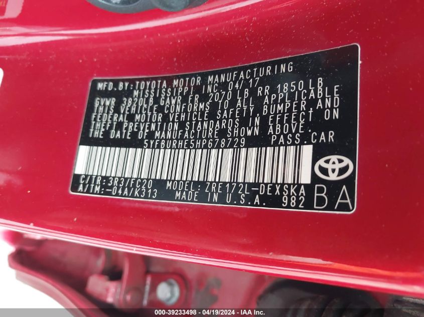 2017 Toyota Corolla Se VIN: 5YFBURHE5HP678729 Lot: 39233498