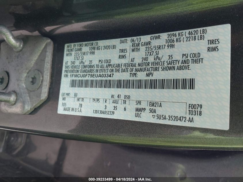 2014 Ford Escape S VIN: 1FMCU0F75EUA03347 Lot: 39233499