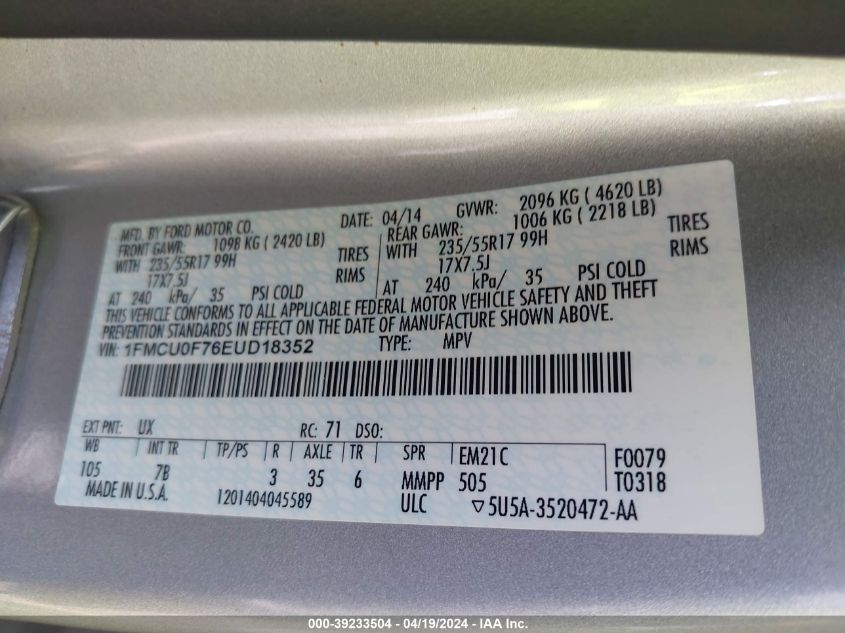 2014 Ford Escape S VIN: 1FMCU0F76EUD18352 Lot: 39233504