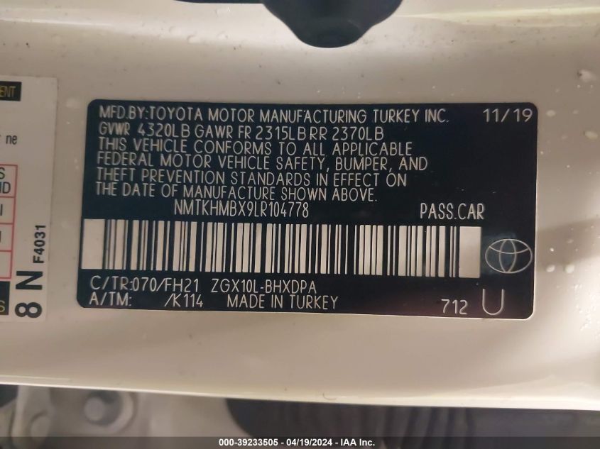 2020 Toyota C-Hr Le VIN: NMTKHMBX9LR104778 Lot: 39233505