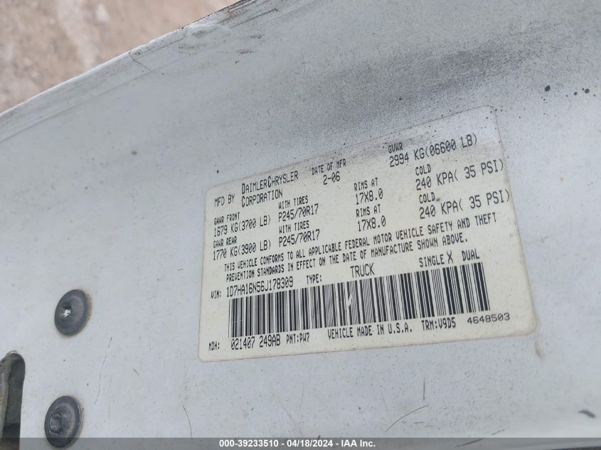 2006 Dodge Ram 1500 Slt VIN: 1D7HA16N56J178309 Lot: 39233510