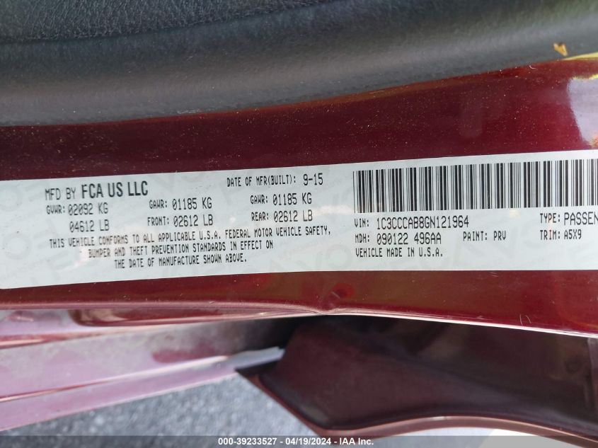 2016 Chrysler 200 Limited VIN: 1C3CCCAB8GN121964 Lot: 39233527