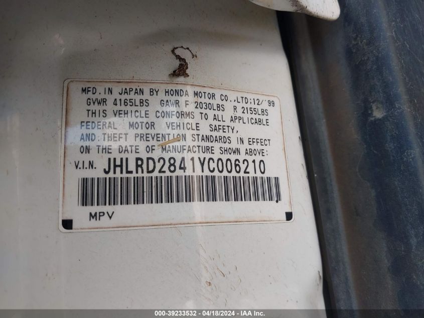 2000 Honda Cr-V Lx VIN: JHLRD2841YC006210 Lot: 39233532