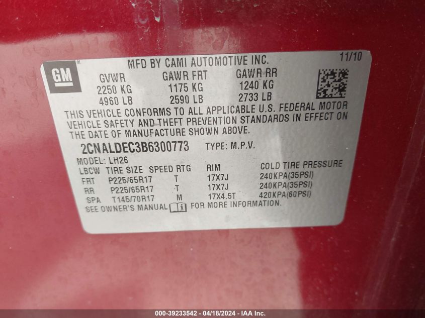 2011 Chevrolet Equinox 1Lt VIN: 2CNALDEC3B6300773 Lot: 39233542