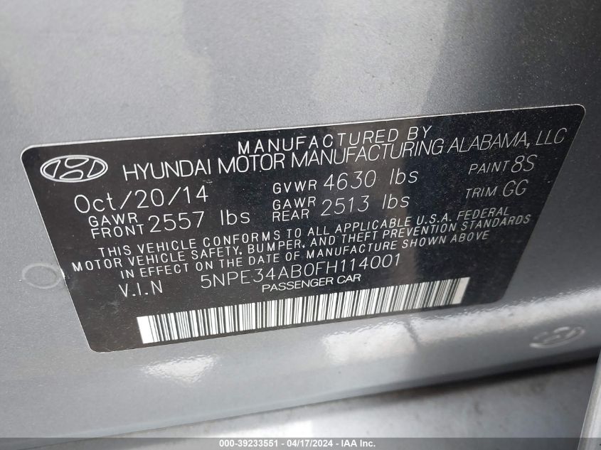 5NPE34AB0FH114001 | 2015 HYUNDAI SONATA