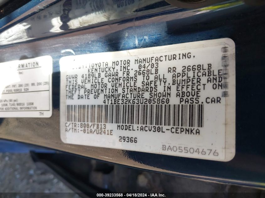 2003 Toyota Camry Le VIN: 4T1BE32K63U205860 Lot: 11985766