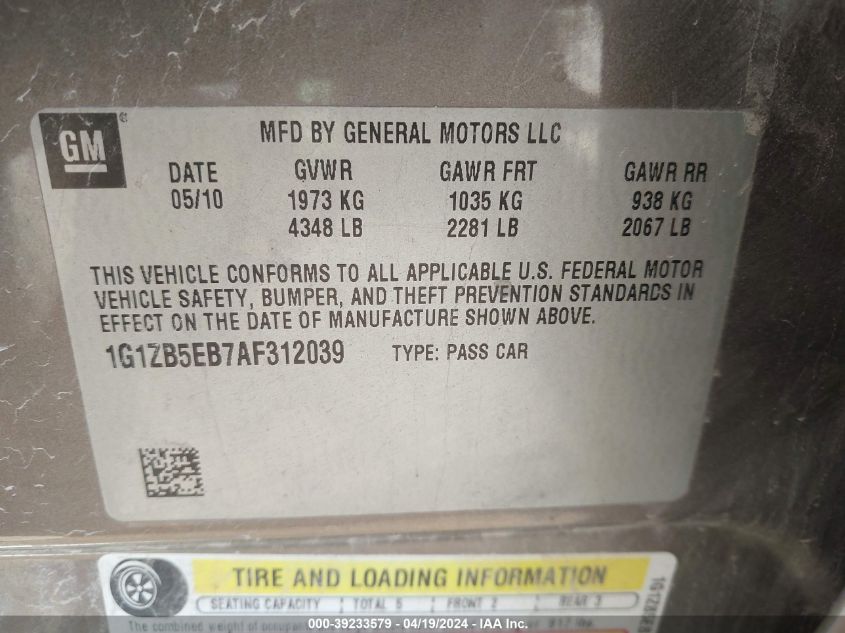 2010 Chevrolet Malibu Ls VIN: 1G1ZB5EB7AF312039 Lot: 39233579