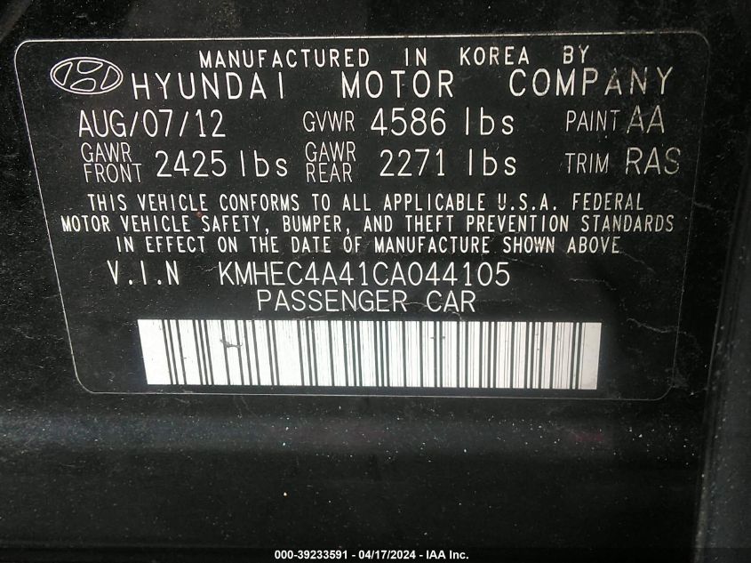 KMHEC4A41CA044105 | 2012 HYUNDAI SONATA HYBRID