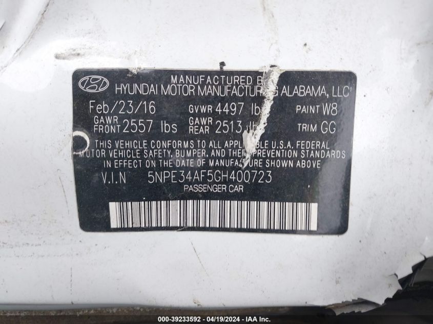 2016 Hyundai Sonata Sport VIN: 5NPE34AF5GH400723 Lot: 39233592