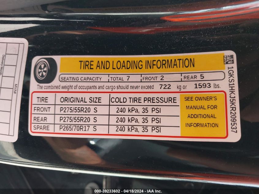 2019 GMC Yukon Xl Denali VIN: 1GKS1HKJ5KR209537 Lot: 11906193