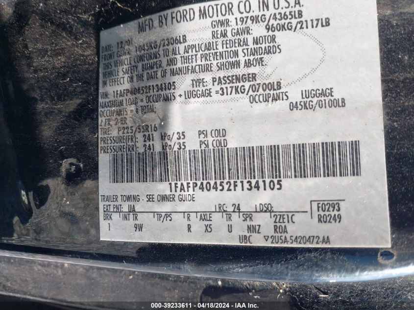 2002 Ford Mustang VIN: 1FAFP40452F134105 Lot: 45995974