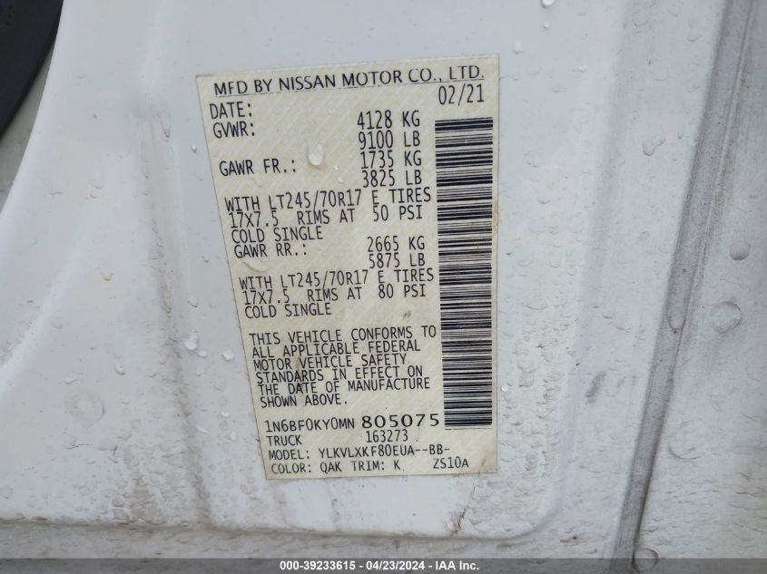 1N6BF0KY0MN805075 2021 Nissan Nv Cargo Nv2500 Hd Sv Standard Roof V6