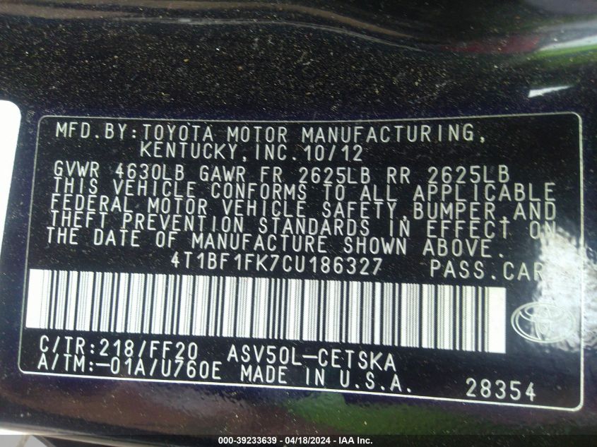 2012 Toyota Camry Se Limited Edition VIN: 4T1BF1FK7CU186327 Lot: 39233639