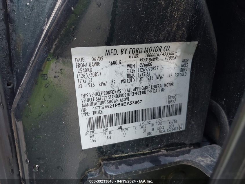 2006 Ford F-250 Lariat/Xl/Xlt VIN: 1FTSW21P56EA53867 Lot: 39233648