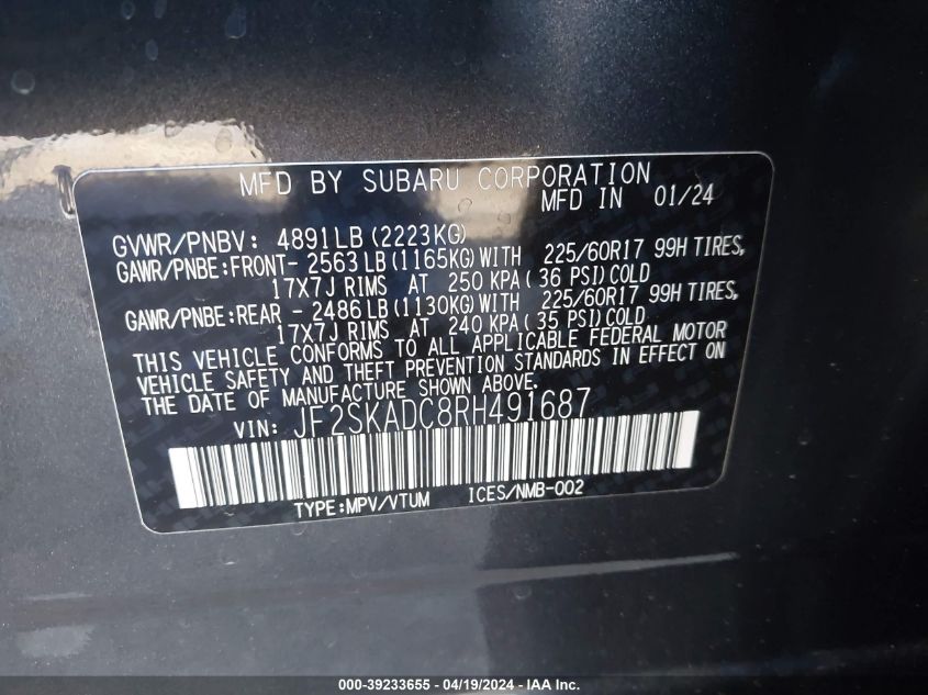 2024 Subaru Forester Premium VIN: JF2SKADC8RH491687 Lot: 39233655