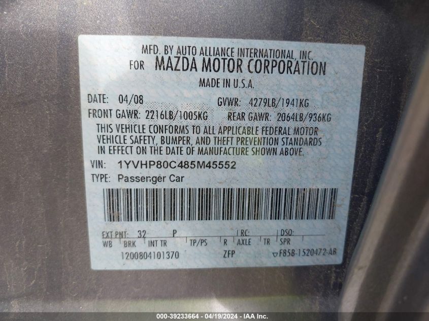 2008 Mazda Mazda6 I Sport Ve VIN: 1YVHP80C485M45552 Lot: 39233664