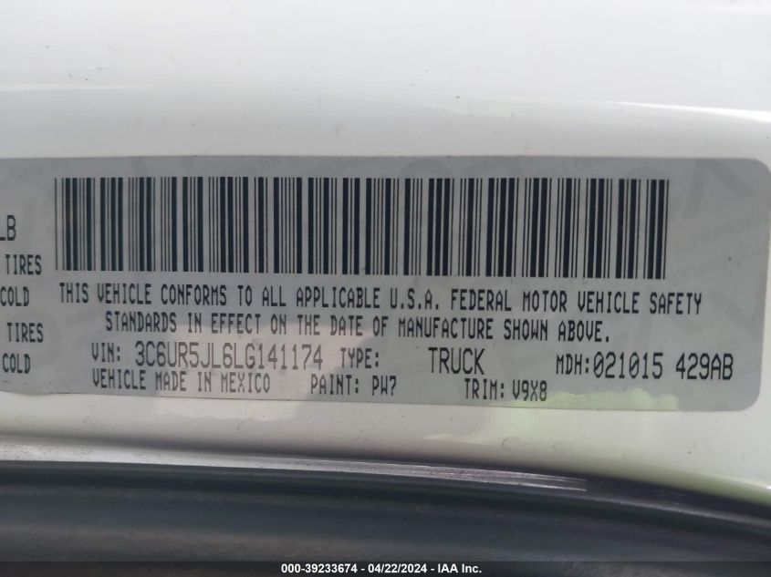 2020 Ram 2500 VIN: 3C6UR5JL6LG141174 Lot: 39233674