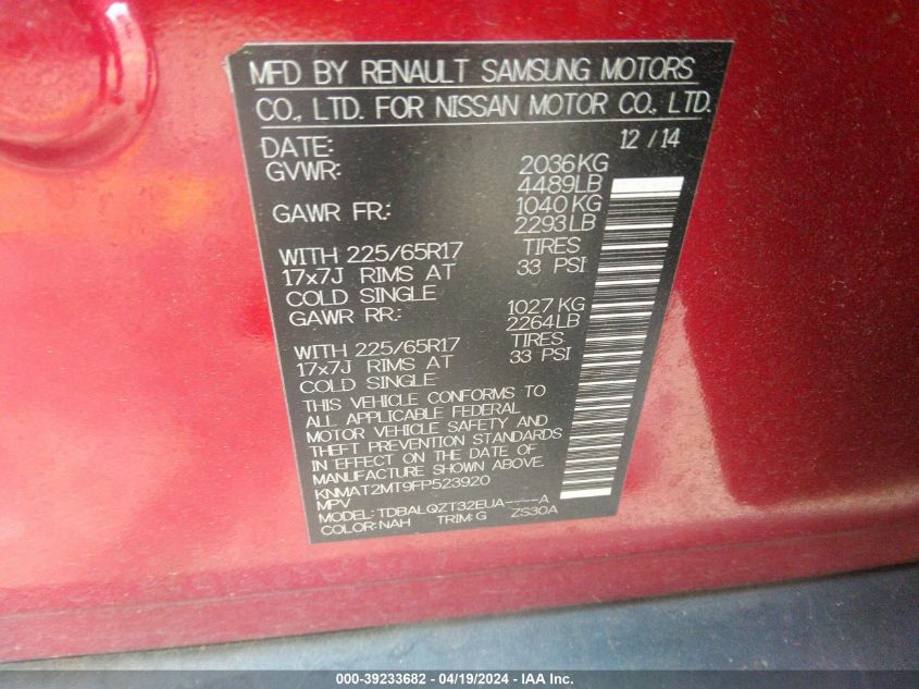 2015 Nissan Rogue Sv VIN: KNMAT2MT9FP523920 Lot: 39233682