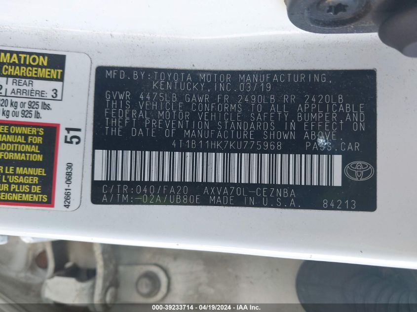 2019 Toyota Camry Le VIN: 4T1B11HK7KU775968 Lot: 39233714