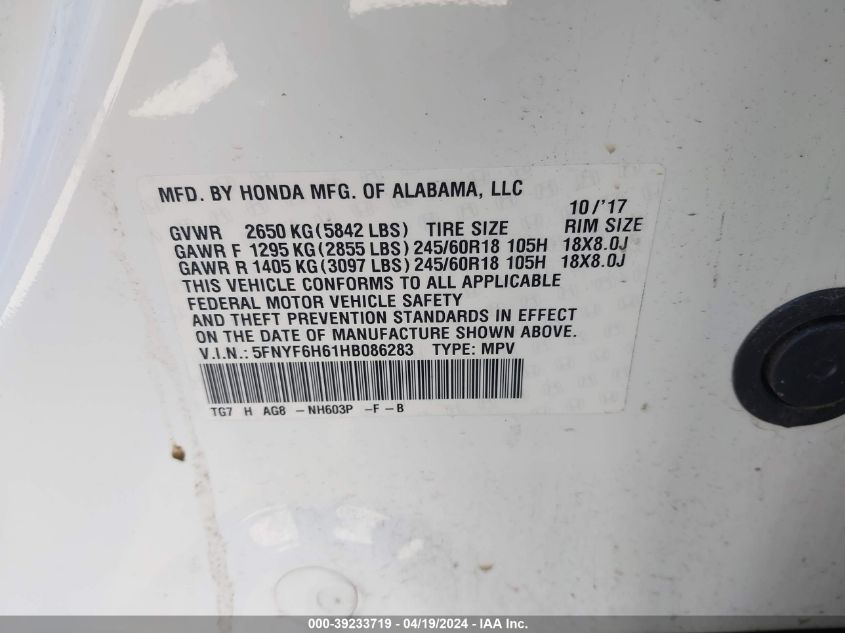 2017 Honda Pilot Ex-L VIN: 5FNYF6H61HB086283 Lot: 39233719