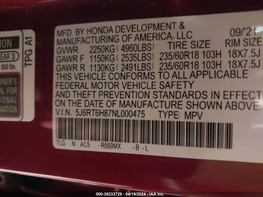 2022 Honda Cr-V Hybrid Ex-L VIN: 5J6RT6H87NL000475 Lot: 39233729