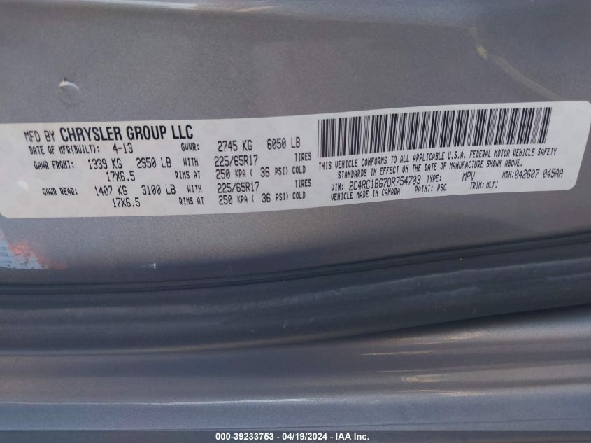 2013 Chrysler Town & Country Touring VIN: 2C4RC1BG7DR754703 Lot: 39233753