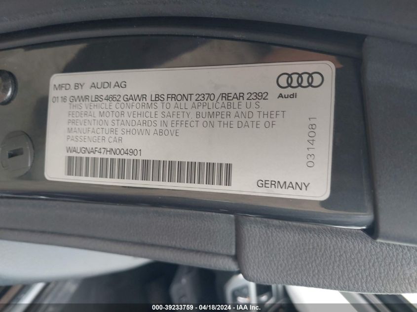 2017 Audi A4 2.0T Premium VIN: WAUGNAF47HN004901 Lot: 30036192