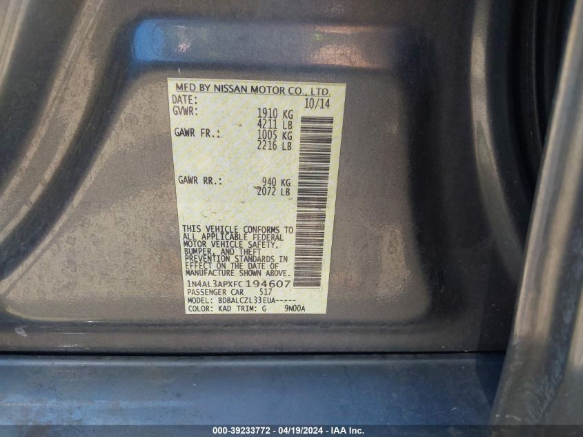 2015 Nissan Altima 2.5/2.5 S/2.5 Sl/2.5 Sv VIN: 1N4AL3APXFC194607 Lot: 39233772