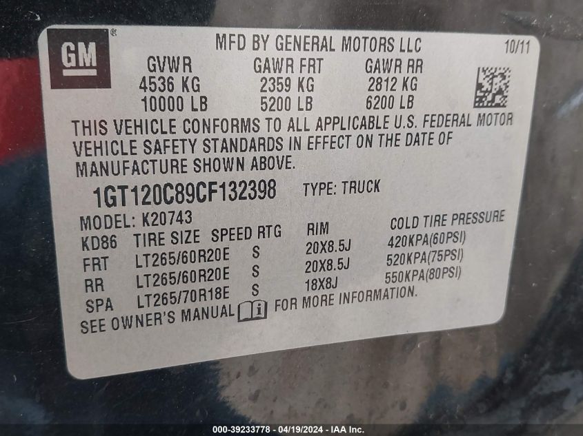 2012 GMC Sierra 2500Hd Sle VIN: 1GT120C89CF132398 Lot: 39233778