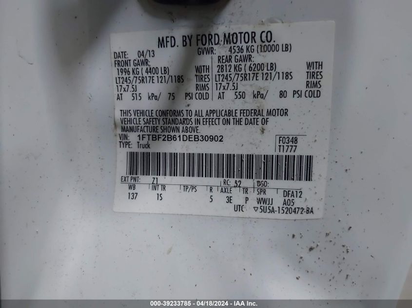 2013 Ford F-250 Xl VIN: 1FTBF2B61DEB30902 Lot: 11955048