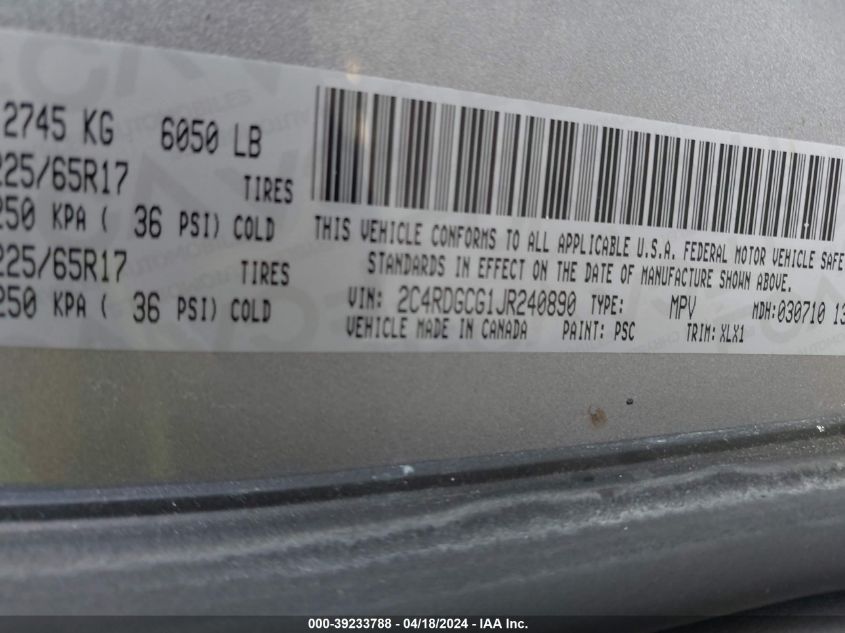 2018 Dodge Grand Caravan Sxt VIN: 2C4RDGCG1JR240890 Lot: 39233788