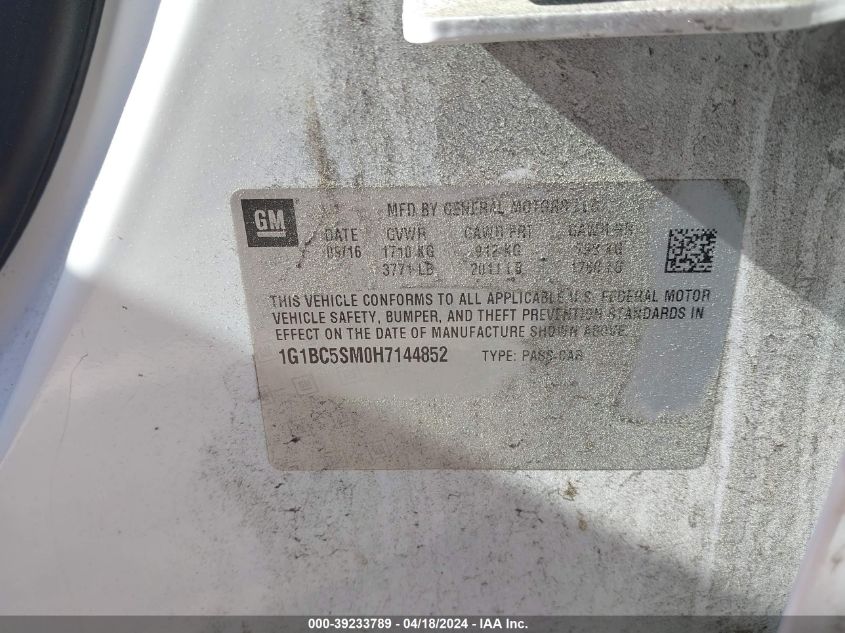 2017 Chevrolet Cruze Ls Auto VIN: 1G1BC5SM0H7144852 Lot: 39233789