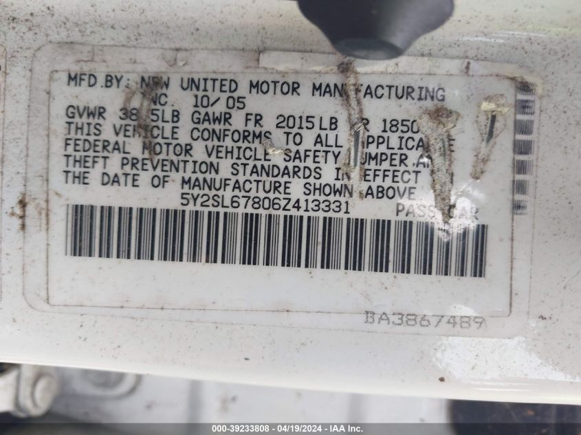 2006 Pontiac Vibe VIN: 5Y2SL67806Z413331 Lot: 39233808