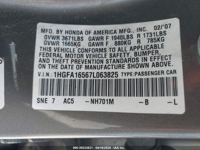2007 Honda Civic Lx VIN: 1HGFA16567L063825 Lot: 39233821
