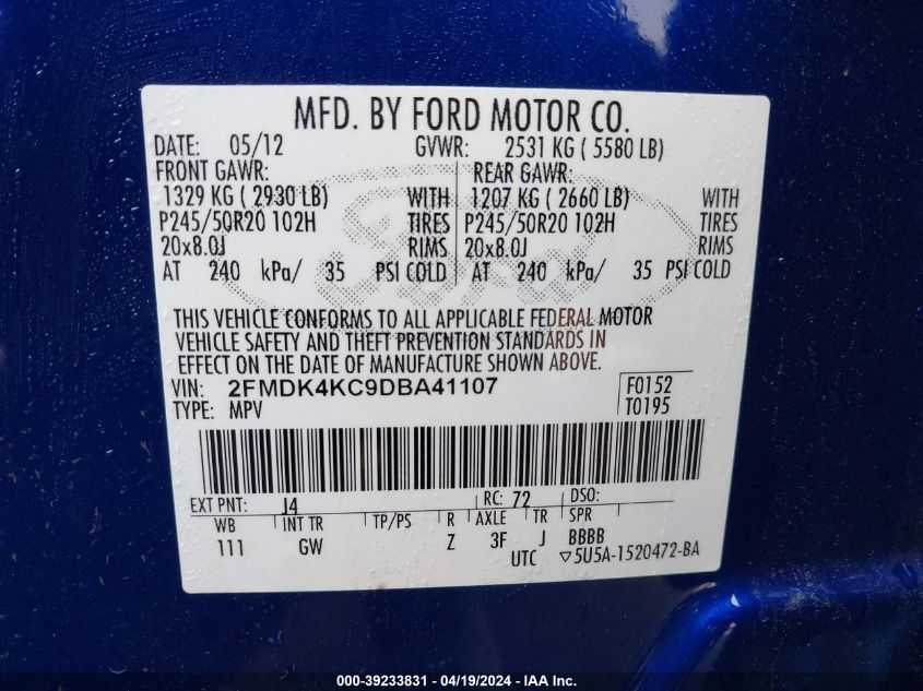 2013 Ford Edge Limited VIN: 2FMDK4KC9DBA41107 Lot: 39233831