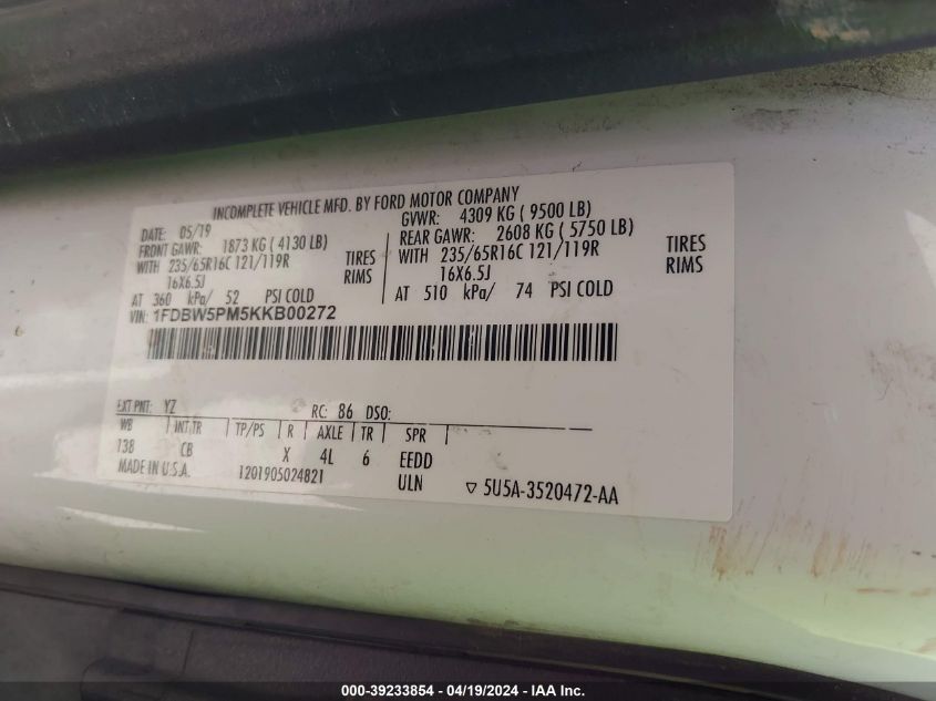 2019 Ford Transit T-350 VIN: 1FDBW5PM5KKB00272 Lot: 39233854