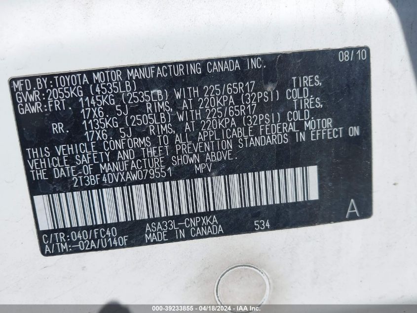 2010 Toyota Rav4 VIN: 2T3BF4DVXAW079551 Lot: 47468034